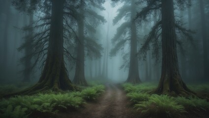 Obraz premium Tall trees in a misty forest, filled with earthy scents