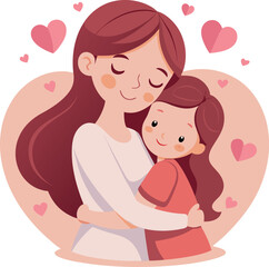 Mother and Child Embrace Illustration with Pink Heart Background.