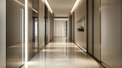 Fototapeta premium Bright and Modern Office Corridor with Elegant Design and Lighting
