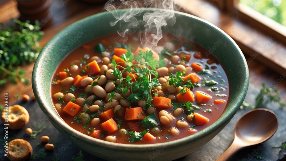 Poster angle view of minestrone soup in a bowl, displaying vegetables and herbs with a colorful presentatio