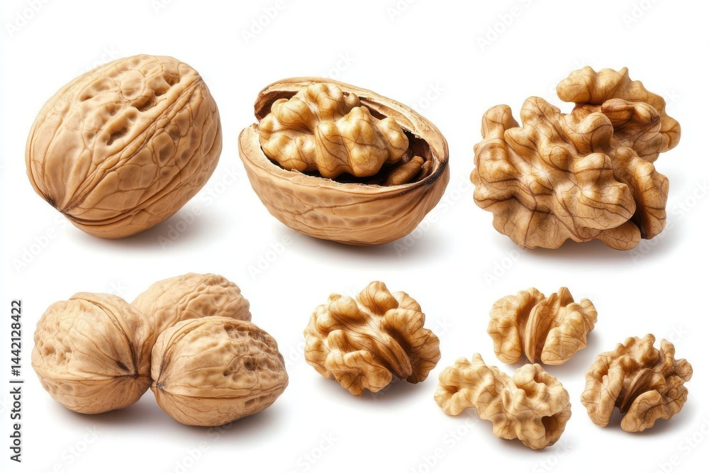 Poster a collection of walnuts displayed on a white background with some shelled and some whole nuts shown