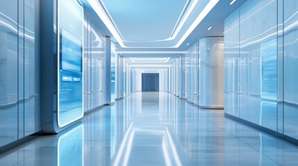 Fototapeta premium Sleek Modern Hallway with Bright Lighting and Reflective Surfaces