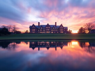 Mansion reflects in water at sunset