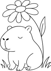 Cute capybara sitting beside flower, evoking peaceful spring vibe