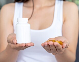 A close-up image of  woman holding supplement pill alongside a white bottle.