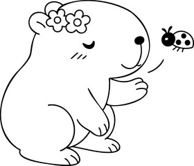 Cute capybara with flowers, interacting with ladybug, showcasing joyful moment