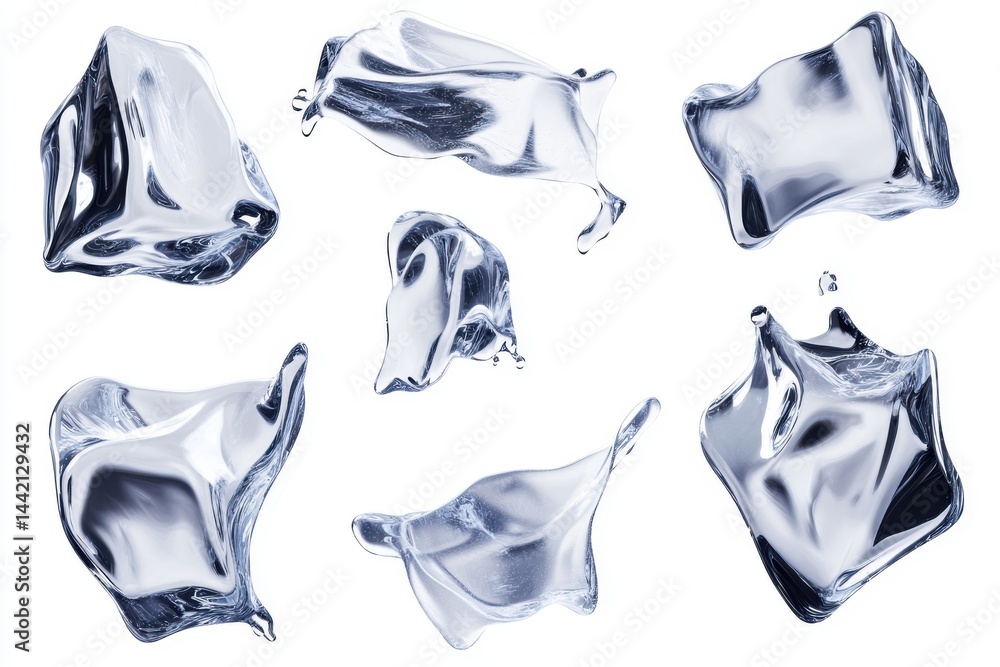 Poster isolated water splashes and droplets in various shapes on a clean white background in a studio shot