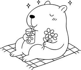 Cute capybara enjoying drink and flower, radiating happiness and relaxation