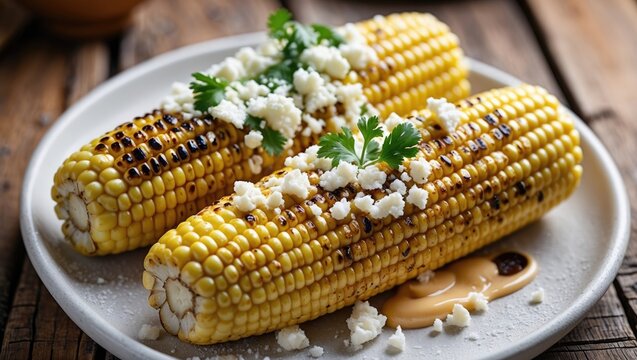 Chili mayo and cotija cheese on Mexican street corn