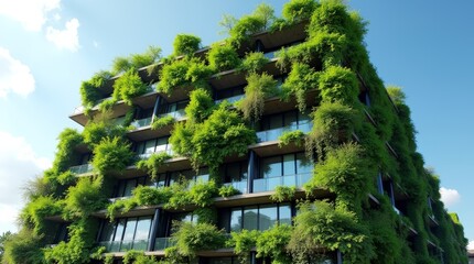 Modern eco-friendly apartment buildings with vertical gardens and lush green urban landscaping