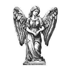 Vintage winged female statue without arms, ancient sketch style, black engraving art, old statue illustration, mythology sculpture, greek goddess art, hand-drawn classic engraving