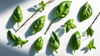 Top view flat lay of Mediterranean herbs including fresh basil, featuring six isolated leaves, twigs, and tips with gentle natural shadows