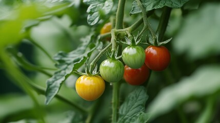 Ripening Stages, Close-Up Of Multicolored Cherry Tomatoes Growing On A Vine In The Garden