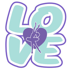 Vector illustration with the silhouette of a ballerina in tutu placed at the center of the word “Love” in bold rounded letters with a two-tone effect: lighter blue and darker purple 