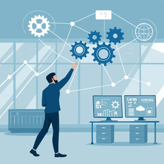 businessman with laptop and gears. Business Automation and Data Integration