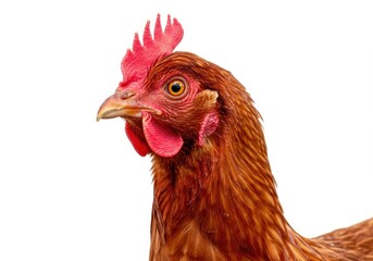 A close up shot of a brown chicken head with a red comb on a white background in sharp focus detail