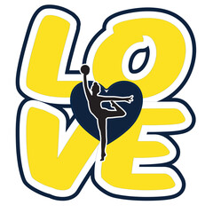 “Love” written in bold rounded letters with a rhythmic gymnast holding a ball placed at the center of the word. Two-tone vector design with lighter pink and darker blue