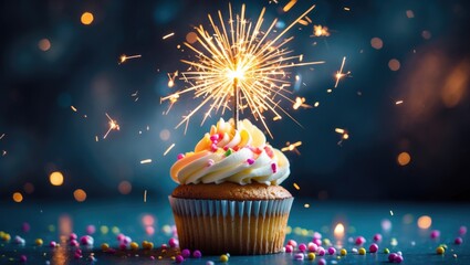 Backdrop of a birthday celebration with a cupcake and sparkler