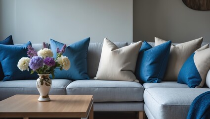 Elegant updated living room showcasing a grey sofa