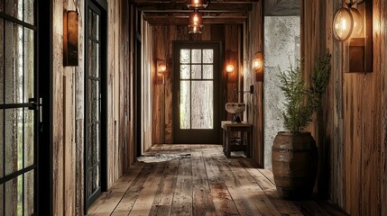 Rustic hallway with wooden walls and ambient lighting in cabin style