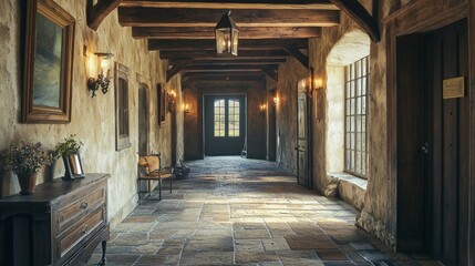 Fototapeta premium Charming Historic Hallway with Rustic Decor and Warm Lighting