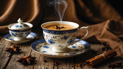 Fototapeta premium Traditional Masala Tea Latte Made at Home: Hot Sweet Milk Infused with Spices and Herbs in a Porcelain Cup on Wooden Surface