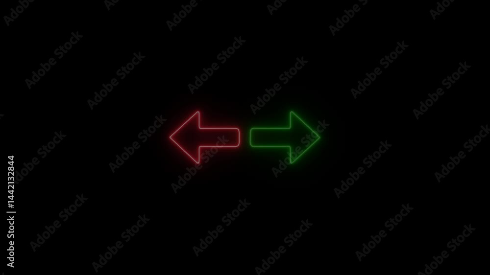 Poster glowing colorful indicating arrow blinking animation. neon arrow icon left and right side indicating