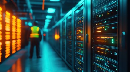 server rack room, deep blue tones, metallic servers with glowing indicators of different colours (green, yellow, orange), industrial style, blurred figure of a person in a safety vest in the backgroun