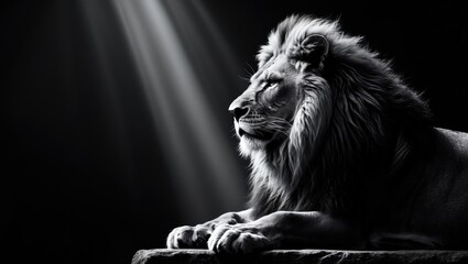 Profile portrait of a lion in black and white, against a black background illuminated by sun rays