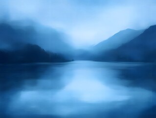 Serene Blue Mountain Lake: Abstract Landscape Painting