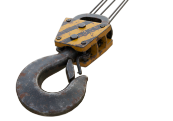 Industrial Crane Hook Close Up Heavy Duty Lifting Equipment Construction Machinery Metal Hook Yellow and Black Crane Part isolated on transparent background