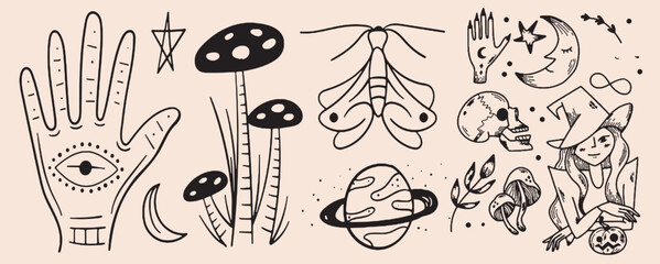 Hand-drawn vintage mystical and magic symbols illustration