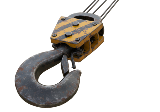 Industrial Crane Hook Close Up Heavy Duty Lifting Equipment Construction Machinery Metal Hook Yellow and Black Crane Part isolated on transparent background