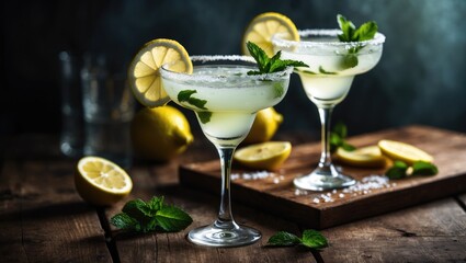 Lemon, mint, and salt Margarita cocktail placed on a wooden tabletop.