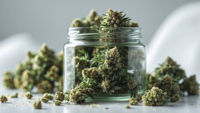 Marijuana buds macro shot with Cannabis flowering on a white background, emphasizing hemp for medical and leisure use