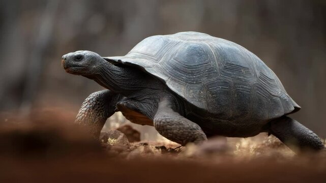 Large tortoise walking on earthy ground in a natural habitat at midday showcasing its textured shell and prominent features