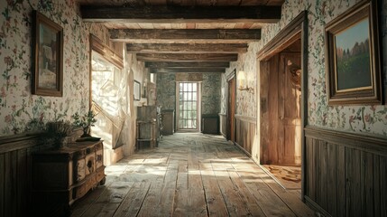 Bright and Cozy Hallway with Vintage Decor and Wooden Flooring