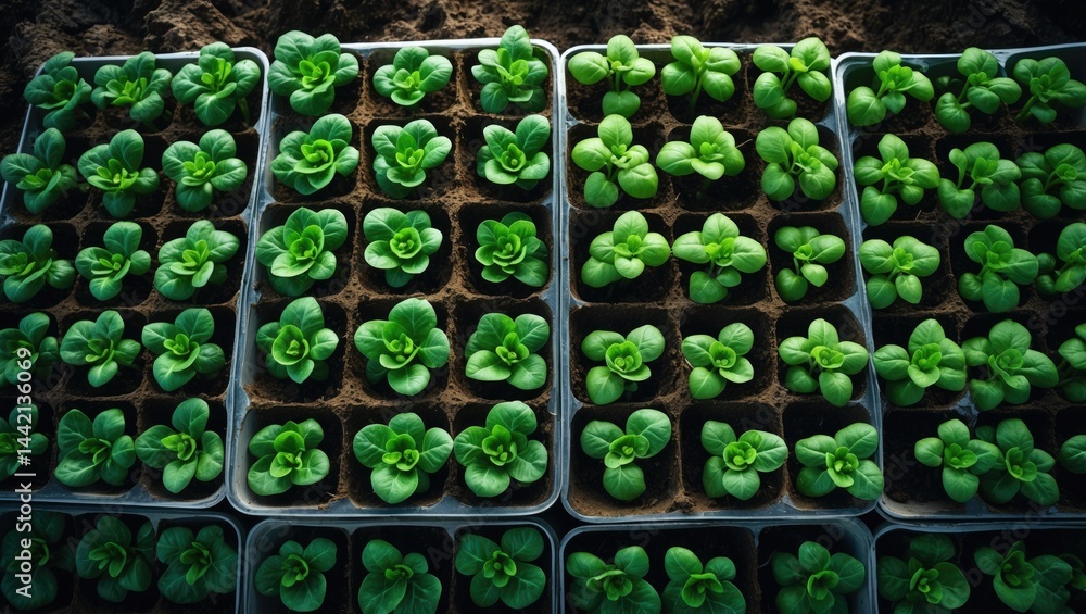 Poster a multitude of cabbage seeds thrive in soil. overhead view with selective focus