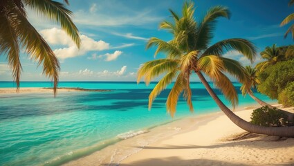 Obraz premium Turquoise sea and palm-lined beach - Expansive shot of private destination with white sand under sunny skies - Warm afternoon color palette