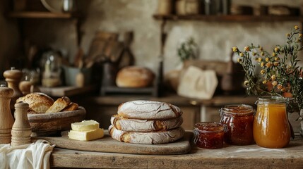 Fototapeta premium Freshly Baked Bread with Butter and Jams in Rustic Kitchen Setting