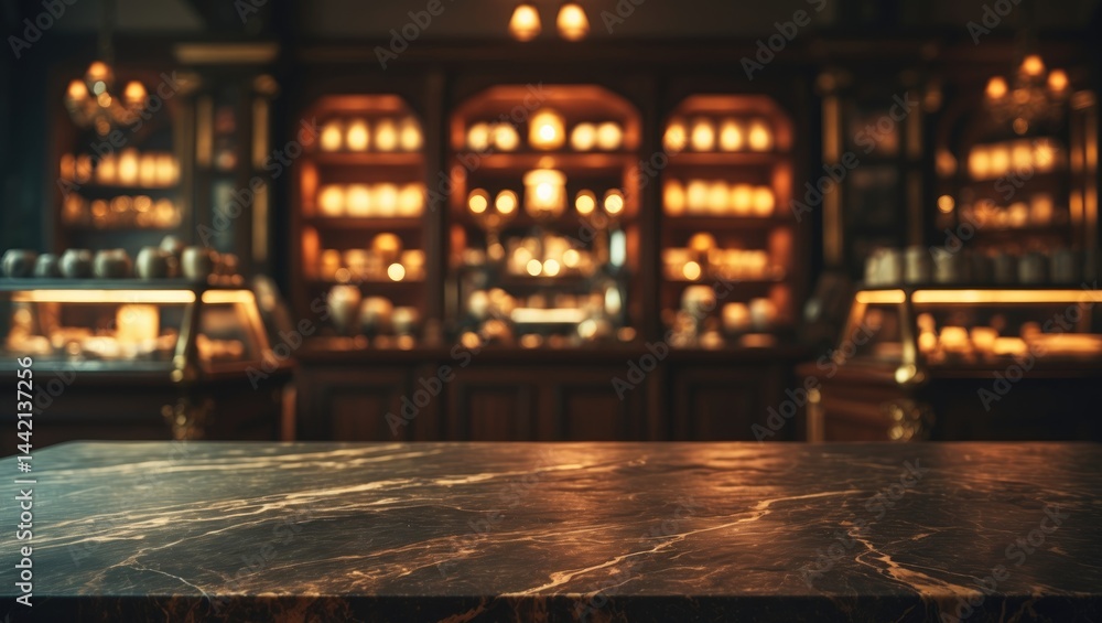 Poster dark stone table surface and a blurred bokeh interior scene with a retro filter - ideal for presenti
