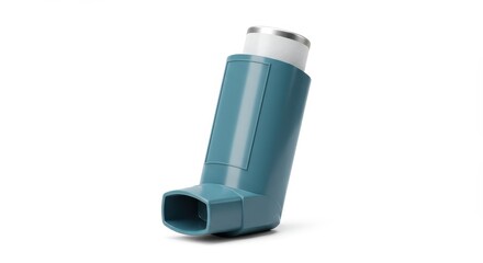 A turquoise asthma inhaler with a white top is positioned on a plain white surface in a studio shot