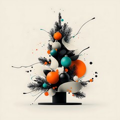 Abstract Christmas tree with vibrant ornaments and paint splatters