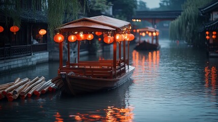 Tranquil evening boat ride ancient water town photography serene environment wide angle cultural experience