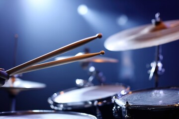 Obraz premium Close-up of drumsticks above drums on concert stage with blue lighting