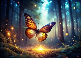 Glowing Butterfly, Magical Forest, Vintage Night Photography