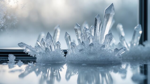 A close-up view reveals detailed hexagonal crystals stretching frosty tentacles into the winter sky, sprouting from the shiny surface of a window pane.