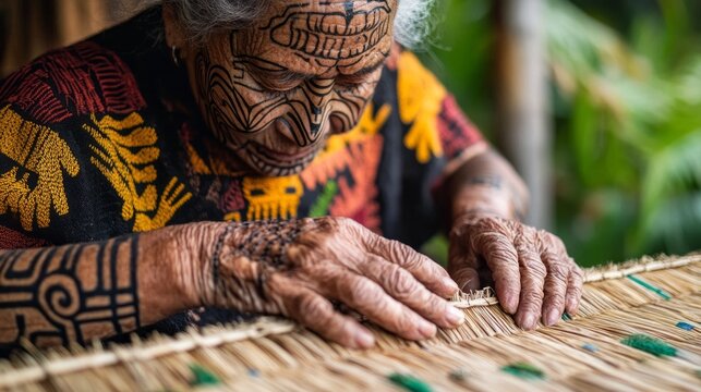 An elderly Maori woman with intricate facial tattoos skillfully weaves a flax basket in front of a marae, reflecting her rich cultural heritage and craftsmanship