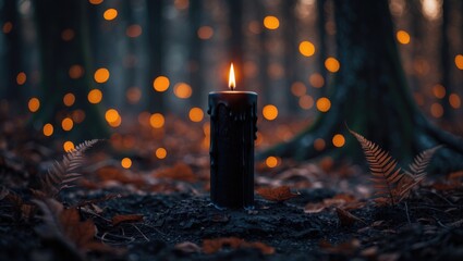 Mystical black candle in an autumn woodland, abstract dark nature scene, fairy environment, witchcraft, and esoteric magic ceremony