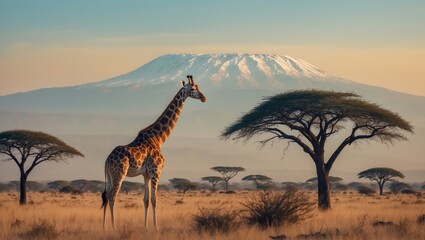 Beautiful scenery showcasing savannah animals, mountains, and acacia trees